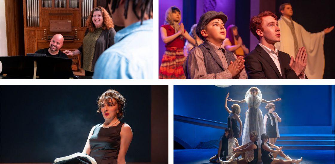 A collage of musical theatre majors performing or learning in the college classroom.
